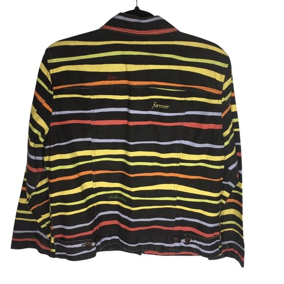 Unique Denim Jacket Womens Medium Black Multicolor Striped Embroidered Happiness - Picture 9 of 16
